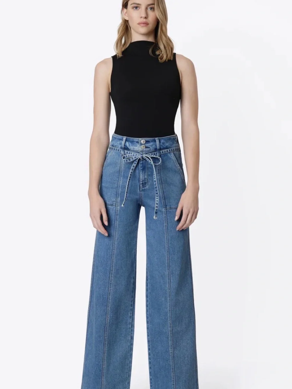 Vervet Wide-Leg High-Waist Blue Denim Jeans with Tie Belt